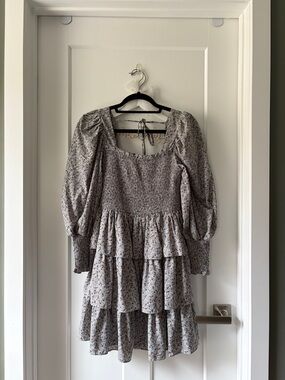 Smocked Tiered Floral Mini Dress in Dusty Blue WORN ONCE